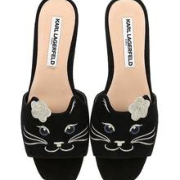 Karl Lagerfeld Shoes - KARL LAGERFELD NWOT Kitten Slip on sandals Black & gold kitten whiskers SZ 8M